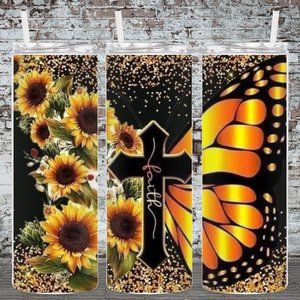 Faith Cross Butterfly Sunflower 20oz Skinny Tumbler Double Insulated